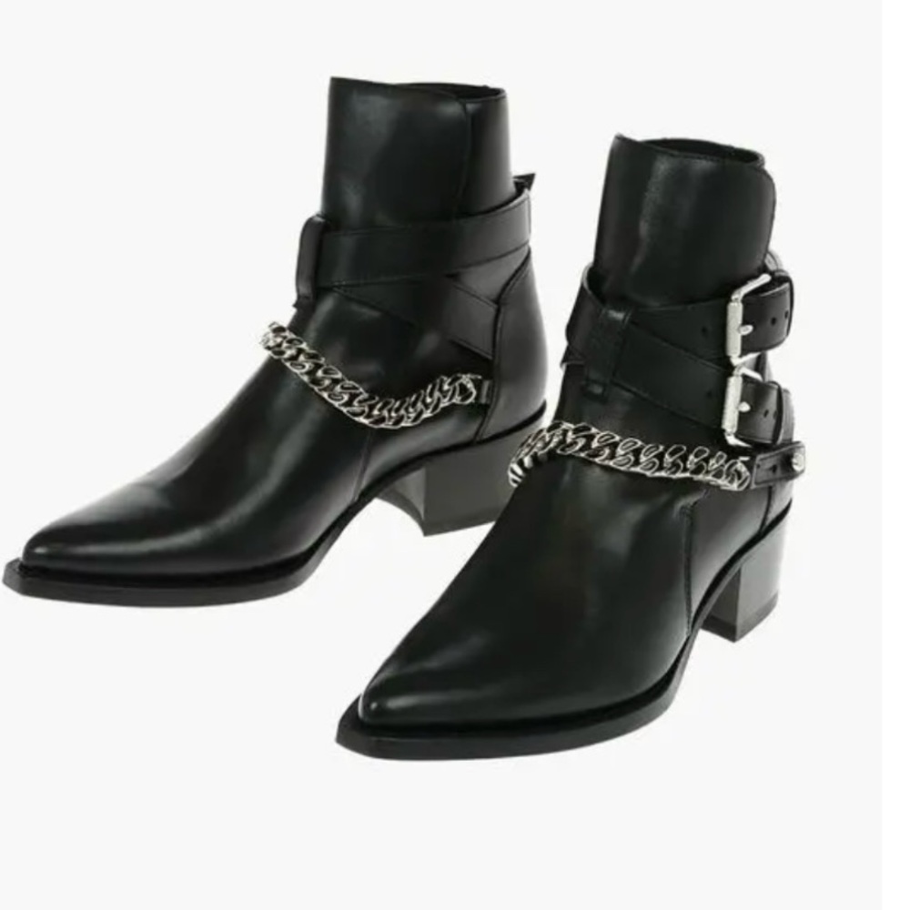 Amiri buckle boots with chain detail, black leather